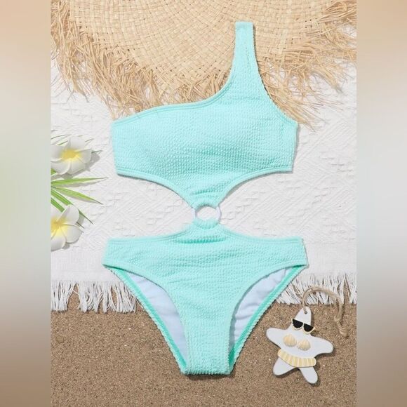 Tween Girl Textured Ring Linked One Shoulder One Piece Swimsuit Medium - Picture 1 of 6